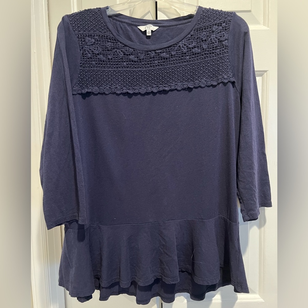 CROWN & IVY Navy, Long Sleeve, Tunic w Top Crocheted Lace Detail & Ruffle Hem
